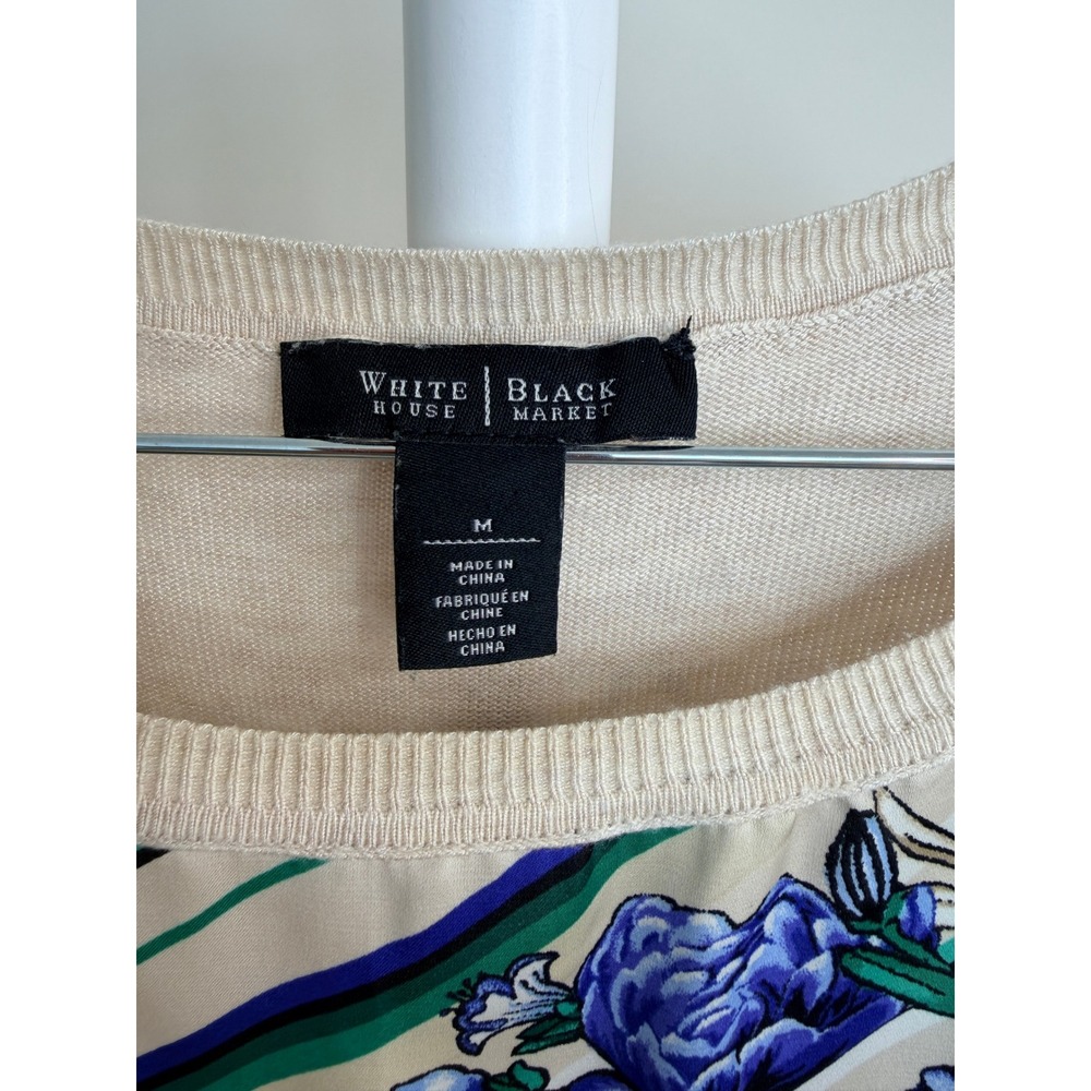 White House Black Market Floral Mixed Media Top Cream Blue M 3/4 Sleeve Blouse - Picture 5 of 6